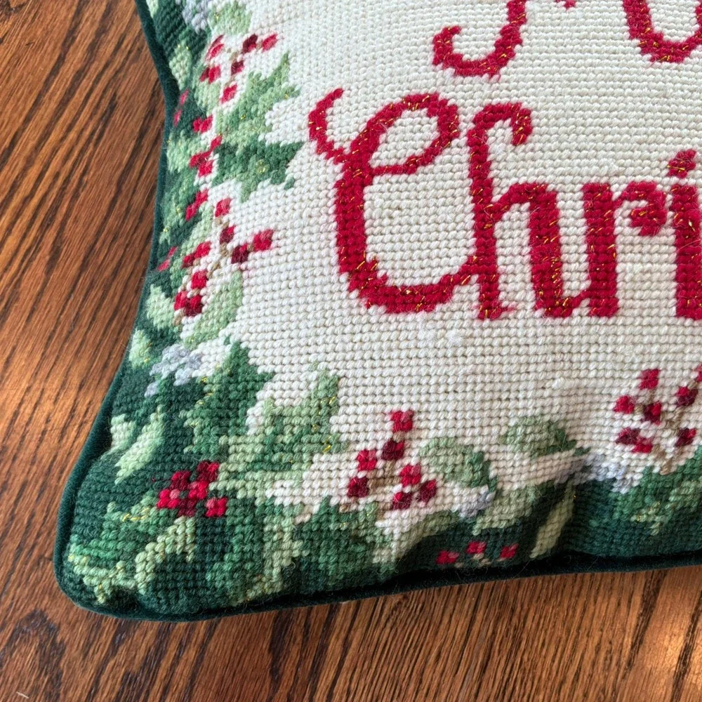 Merry Christmas Needlepoint Pillow Holly Berry Gold Metallic Velvet Back 15x11